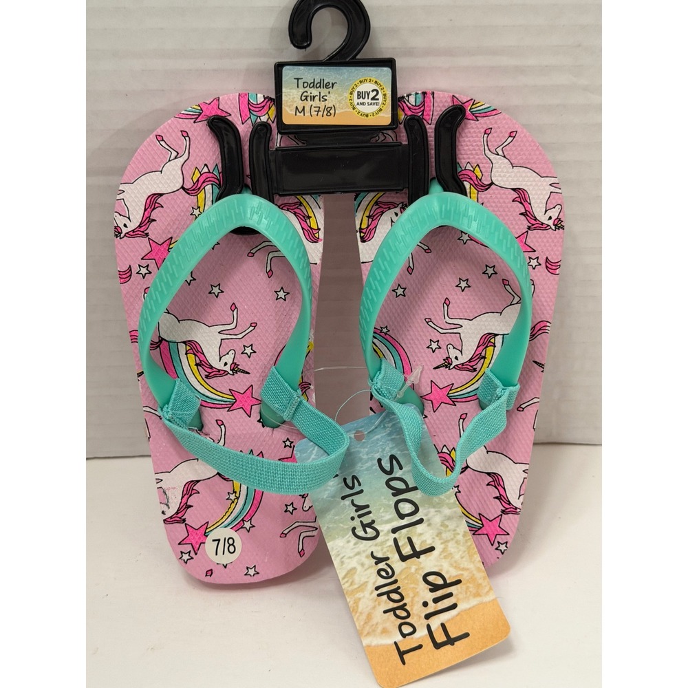 Toddler Girls Pink Unicorn Rainbow Flip Flops with Back Strap Size 7/8 M NWT